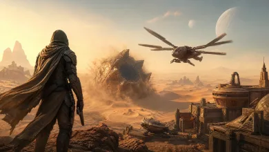 A hooded character overlooks an Arrakis desert as an ornithopter flies above a sandworm and desert outpost.