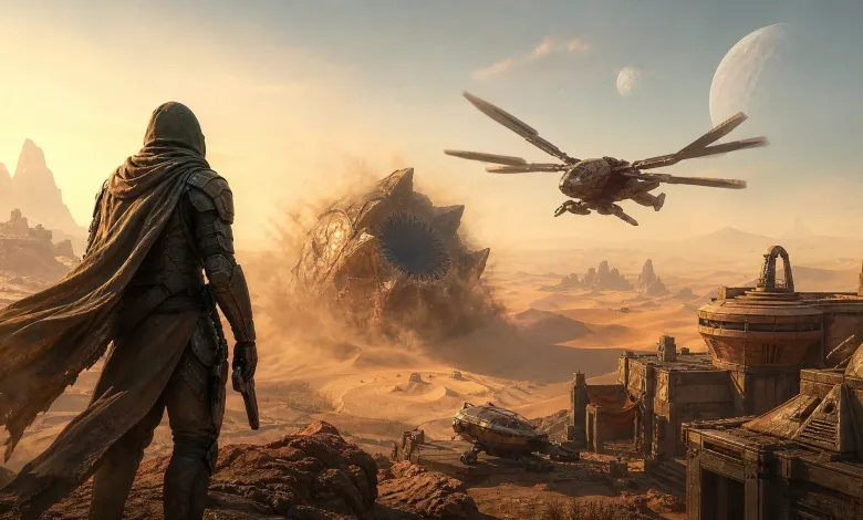 A hooded character overlooks an Arrakis desert as an ornithopter flies above a sandworm and desert outpost.