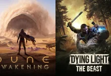 Split artwork pairs a figure facing a sandworm in Dune: Awakening with a man fighting an infected creature in Dying Light: The Beast.