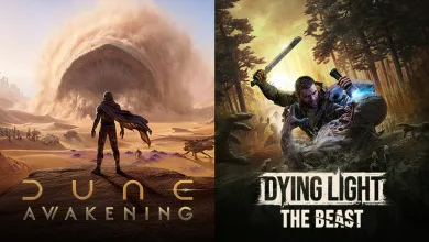 Split artwork pairs a figure facing a sandworm in Dune: Awakening with a man fighting an infected creature in Dying Light: The Beast.