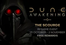 A hooded, masked figure with glowing red lenses beside Dune: Awakening Scourge event dates of Oct. 23 to Nov. 2.