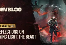 Official Dying Light: The Beast devblog graphic showing Kyle Crane in a red-lit forest with the text “One Year Later: Reflections on Dying Light: The Beast”