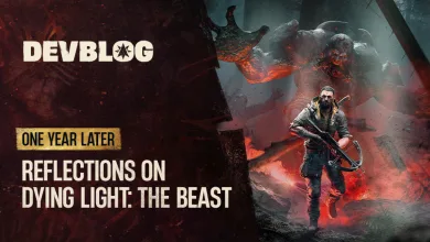 Official Dying Light: The Beast devblog graphic showing Kyle Crane in a red-lit forest with the text “One Year Later: Reflections on Dying Light: The Beast”