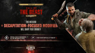 Dying Light: The Beast Week 2 artwork showing a survivor holding a machete over an enemy beside text about a decapitation-focused modifier and XP loss on death