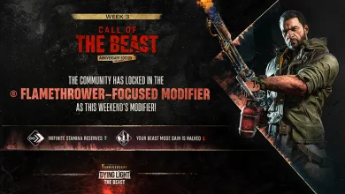 Dying Light: The Beast Week 3 artwork showing a survivor holding a flamethrower beside the modifier details.