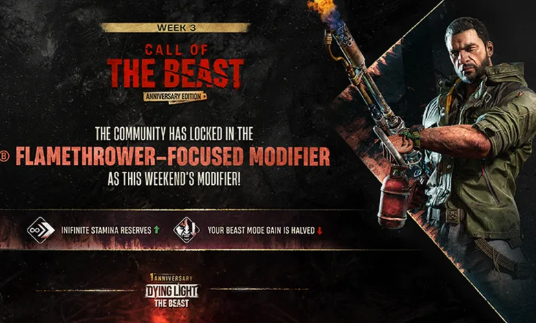 Dying Light: The Beast Week 3 artwork showing a survivor holding a flamethrower beside the modifier details.