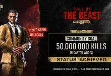 Styled Crane stands beside the Week 3 community goal of 50 million kills in Castor Woods, marked achieved.