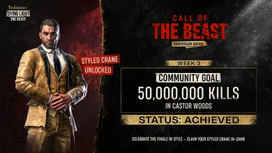 Styled Crane stands beside the Week 3 community goal of 50 million kills in Castor Woods, marked achieved.