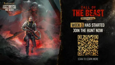A survivor holding a crossbow stands before a looming infected creature, beside Dying Light: The Beast anniversary branding and a QR code.