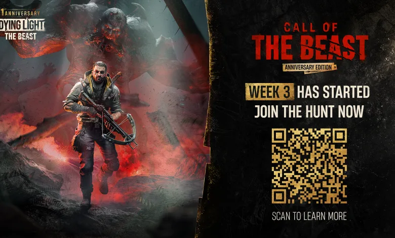 A survivor holding a crossbow stands before a looming infected creature, beside Dying Light: The Beast anniversary branding and a QR code.