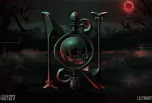 A dark skull emblem with football-themed details against a shadowy, red-lit background.