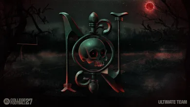 A dark skull emblem with football-themed details against a shadowy, red-lit background.
