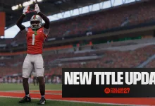 A football player in a red uniform raises his hands beneath a College Football 27 title update banner.