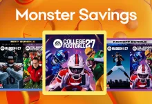College Football 27 cover art appears between Madden NFL 27 bundle panels on an orange promotional background.