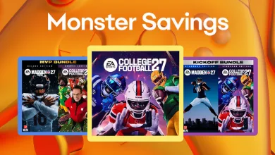 College Football 27 cover art appears between Madden NFL 27 bundle panels on an orange promotional background.