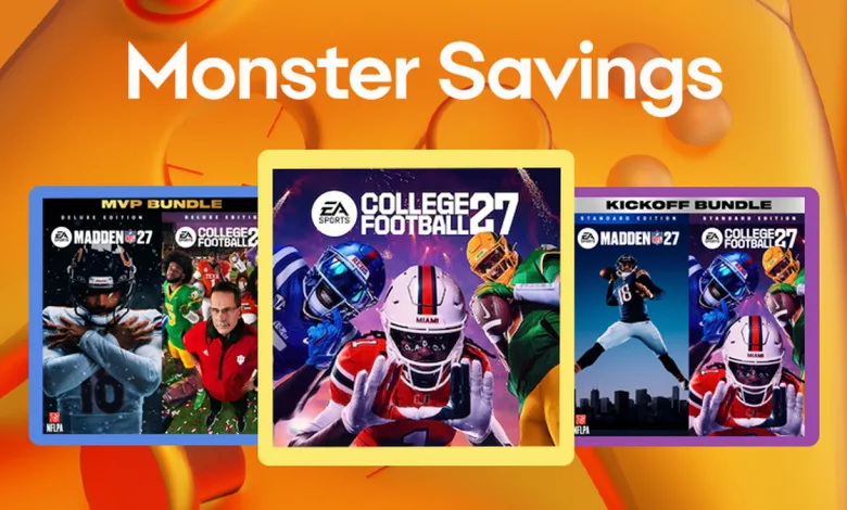 College Football 27 cover art appears between Madden NFL 27 bundle panels on an orange promotional background.