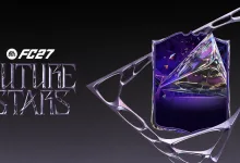 EA SPORTS FC 27 Future Stars artwork with a purple player card and metallic framing.