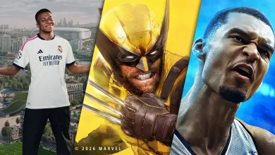 Three-panel collage showing a footballer, Wolverine in yellow artwork, and a basketball player.