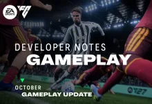 EA SPORTS FC 27 gameplay update graphic over a football match, labeled Developer Notes and October Gameplay Update.