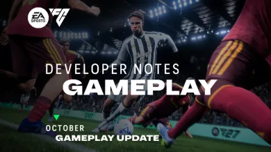 EA SPORTS FC 27 gameplay update graphic over a football match, labeled Developer Notes and October Gameplay Update.