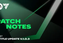 EA SPORTS FC 27 title update v1.0.3 patch notes graphic with the EA SPORTS FC 27 logo and green geometric accents