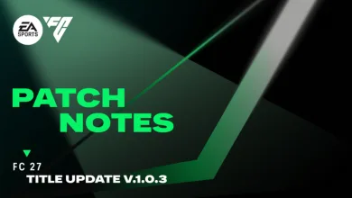 EA SPORTS FC 27 title update v1.0.3 patch notes graphic with the EA SPORTS FC 27 logo and green geometric accents