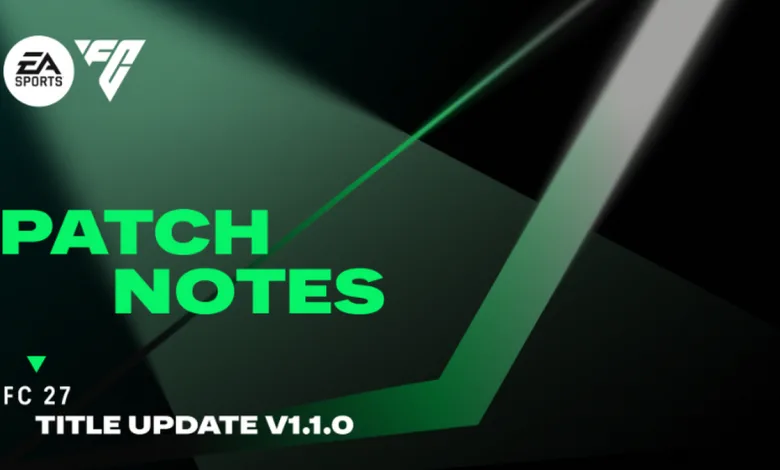 EA SPORTS FC 27 patch notes graphic for Title Update v1.1.0, with green lettering over dark geometric artwork.