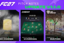 EA SPORTS FC 27 v1.1 pitch notes graphic showing Career UI changes, FUT content, and The Grounds bug fixes.