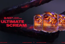 Three orange and purple Ultimate Team player cards beside the Ultimate Scream title.