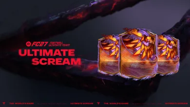 Three orange and purple Ultimate Team player cards beside the Ultimate Scream title.
