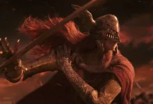 An armored red-haired warrior swings a sword against a fiery backdrop in Elden Ring.