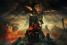 An armored figure sits before a castle beneath a vast, shadowed tree in Elden Ring.