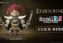 A palm-sized Starscourge Radahn figure in gold armor holds a sword in each hand.
