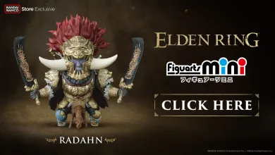 A palm-sized Starscourge Radahn figure in gold armor holds a sword in each hand.