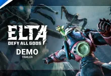 Promotional artwork for Elta: Defy All Gods shows the game's masked character in a colorful suit extending a fist, with the game title and “DEMO TRAILER” text visible.