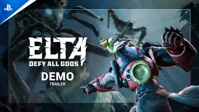 Promotional artwork for Elta: Defy All Gods shows the game's masked character in a colorful suit extending a fist, with the game title and “DEMO TRAILER” text visible.