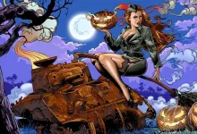 A woman holding a jack-o'-lantern sits above a tank amid pumpkins, bare trees, and a full moon in Enlisted Halloween artwork.