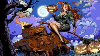 A woman holding a jack-o'-lantern sits above a tank amid pumpkins, bare trees, and a full moon in Enlisted Halloween artwork.