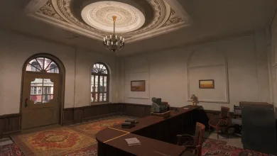 Interior room from Enlisted with a desk, chairs, framed pictures, and a chandelier