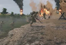 Enlisted soldiers advance across a smoke-filled battlefield amid explosions.