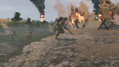 Enlisted soldiers advance across a smoke-filled battlefield amid explosions.