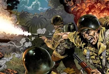 Illustrated Enlisted soldiers fight amid explosions in a tropical jungle.