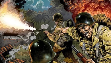 Illustrated Enlisted soldiers fight amid explosions in a tropical jungle.