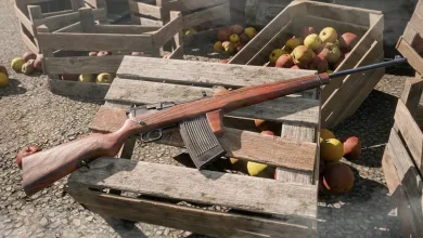 A wooden-stock rifle with a large magazine rests across wooden crates in Enlisted.