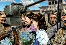 Illustrated World War II scene showing Enlisted soldiers and civilians standing beside a tank