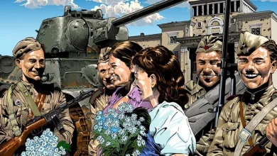 Illustrated World War II scene showing Enlisted soldiers and civilians standing beside a tank