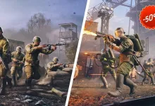 Two battlefield scenes show Enlisted soldiers with a red 50% discount badge.