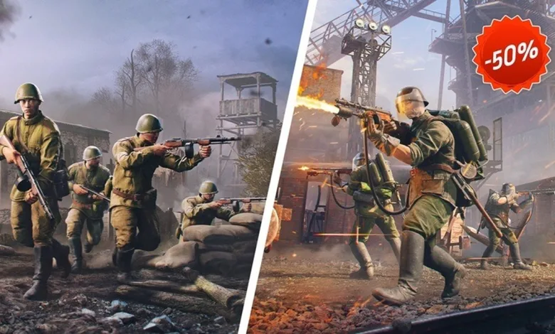 Two battlefield scenes show Enlisted soldiers with a red 50% discount badge.