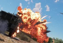 A large explosion beside an armored vehicle on an Enlisted battlefield.