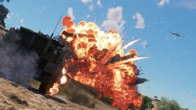 A large explosion beside an armored vehicle on an Enlisted battlefield.